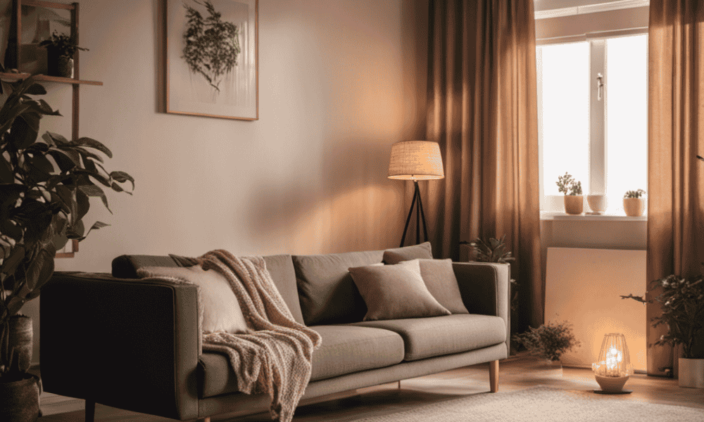 An image showcasing a cozy living room, illuminated by the gentle glow of an energy-saving heat pump