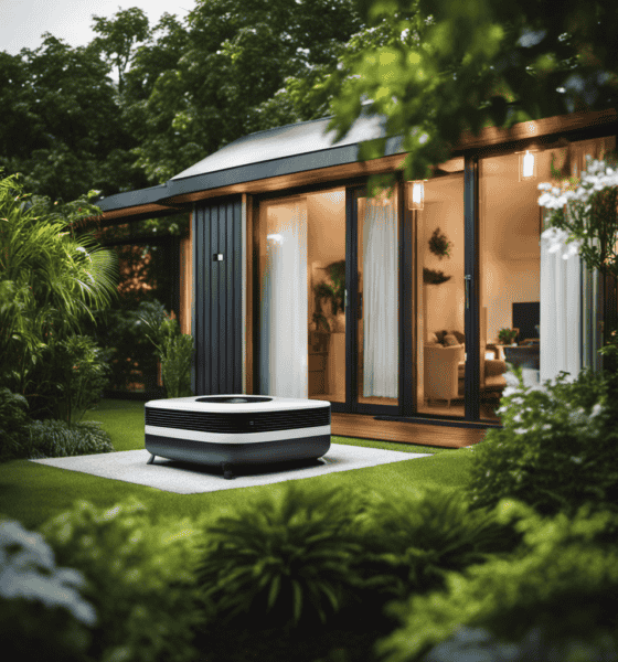 An image showcasing a modern, energy-efficient home surrounded by lush greenery