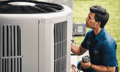 An image showcasing a technician measuring and inspecting the outdoor unit of a heat pump installation, with detailed focus on the condenser, refrigerant lines, and electrical connections