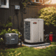 An image depicting a well-maintained heat pump, surrounded by various tools and equipment