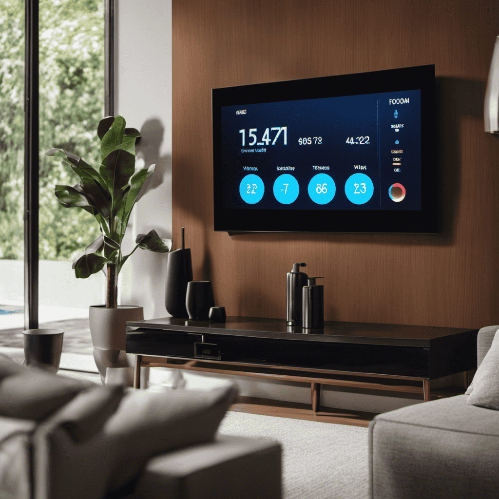 An image showcasing a sleek, modern living room with a smart thermostat on the wall