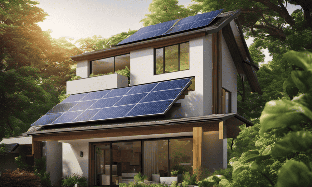 An image showcasing a modern home with solar panels on the roof, surrounded by lush greenery