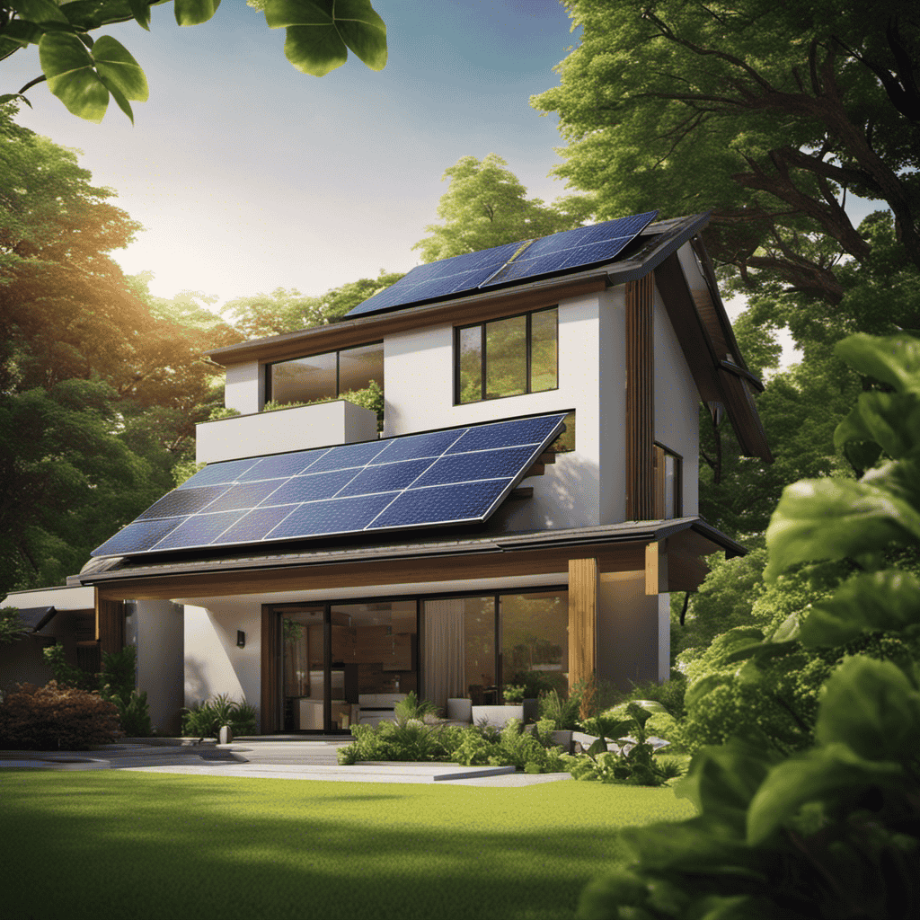 An image showcasing a modern home with solar panels on the roof, surrounded by lush greenery