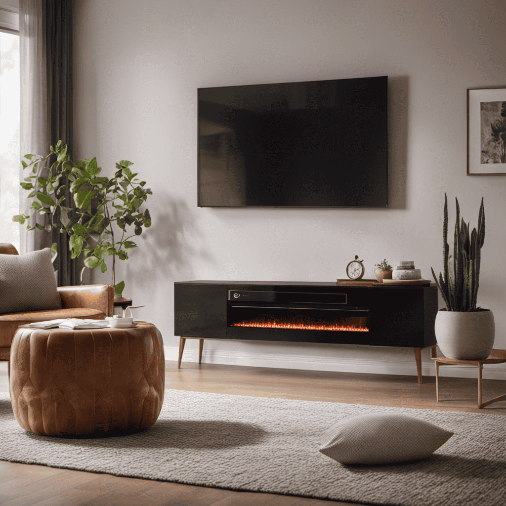 An image showcasing a modern living room with a high-efficiency heat pump installed on the wall, surrounded by a cozy ambiance