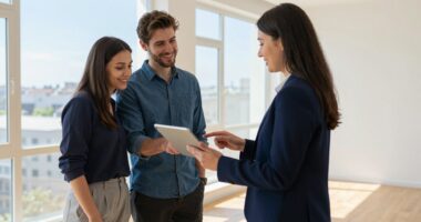 A woman in a dark blazer shows a young couple something on a tablet in an empty, bright flat
